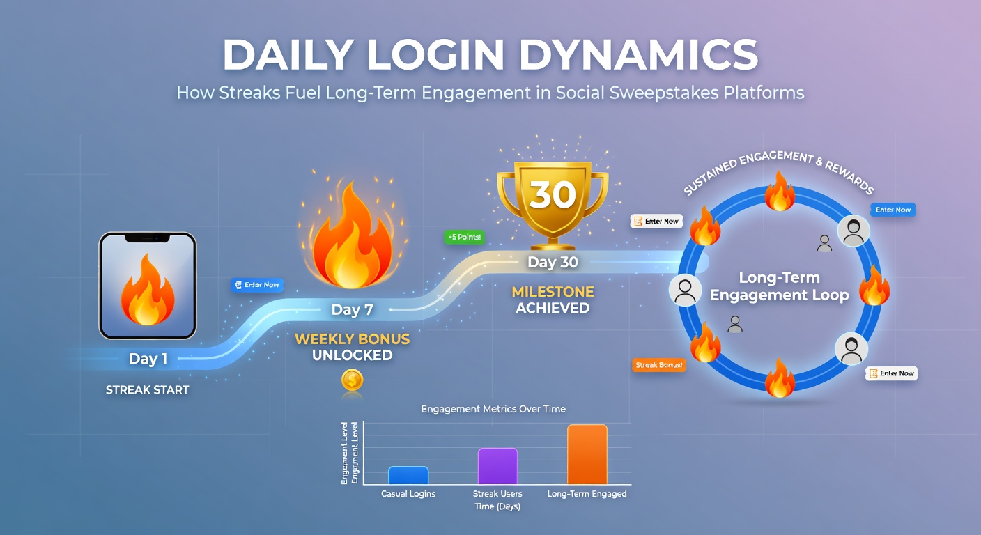 A vibrant dashboard on a social sweepstakes platform showing a glowing daily login streak counter with escalating rewards, surrounded by slot reels and coin animations