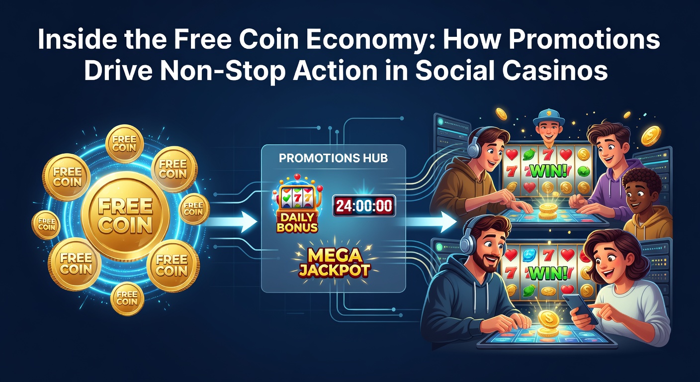 Dynamic screenshot of a social casino lobby overflowing with free coin promotion banners, daily bonuses, and spinning slot reels