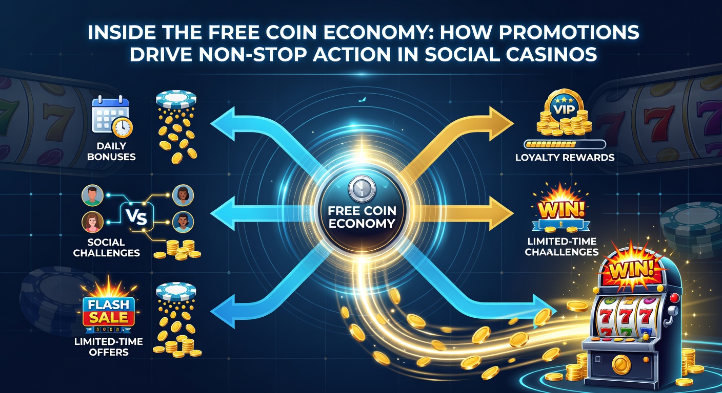 Infographic breaking down promotion types in social casinos, from daily logins to referral bonuses, with stats on player retention