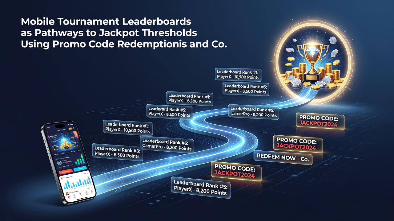 Illustration of coin conversion flow from tournament points to jackpot entry via promo code interface on mobile screen