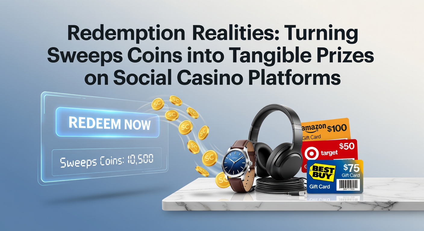 Digital illustration of sweeps coins transforming into cash prizes on a social casino interface, highlighting the redemption process