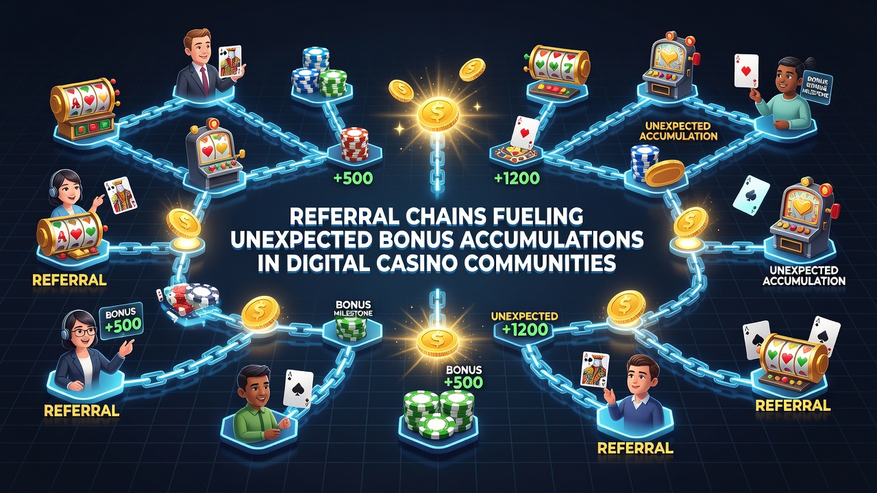 Analytics dashboard displaying referral chain growth metrics and accumulated bonus totals across multiple digital casino communities